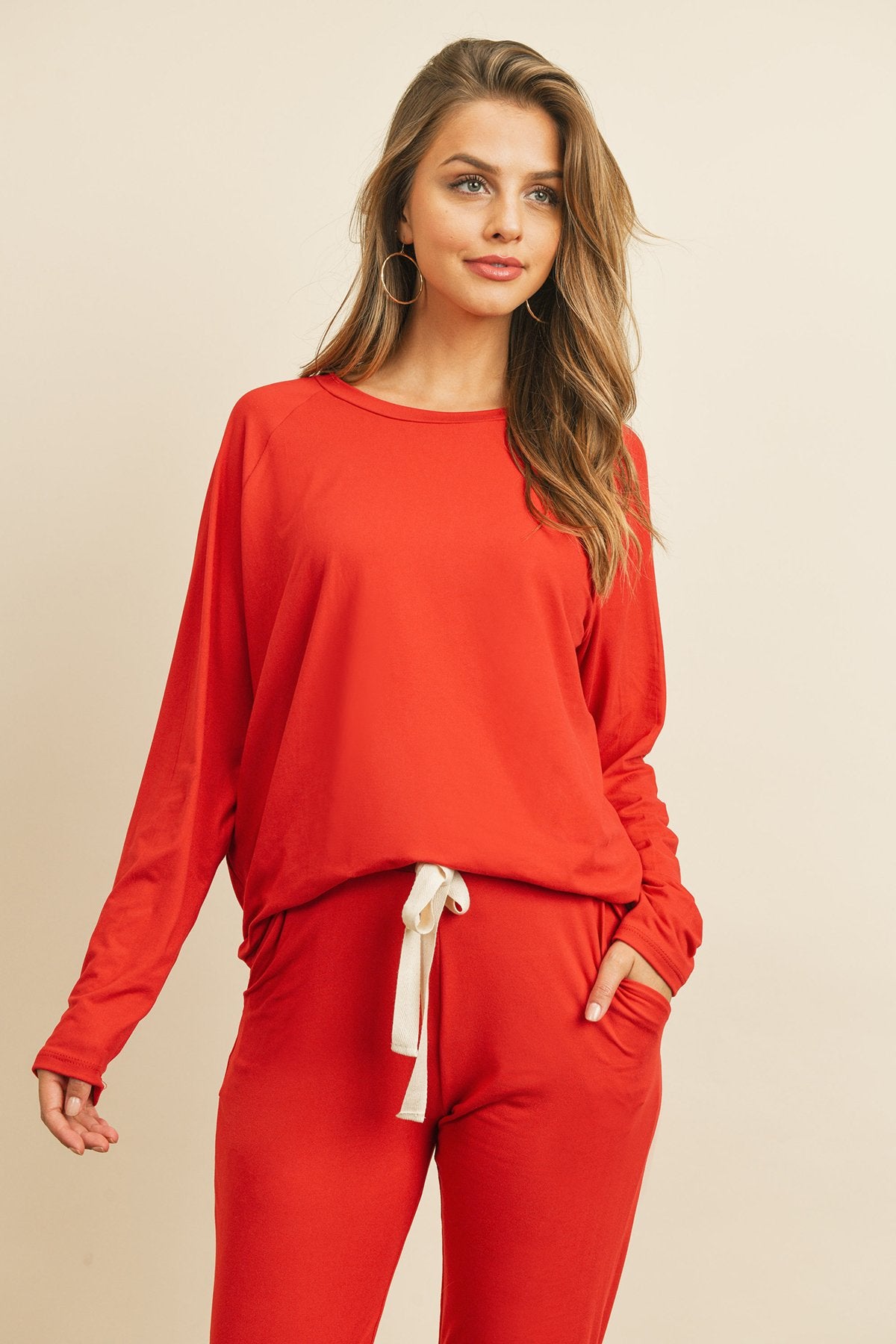 Women's Casual Solid Color Brushed Top & Jogger Bottom Set with Self Tie - Lovez Aqua© - 