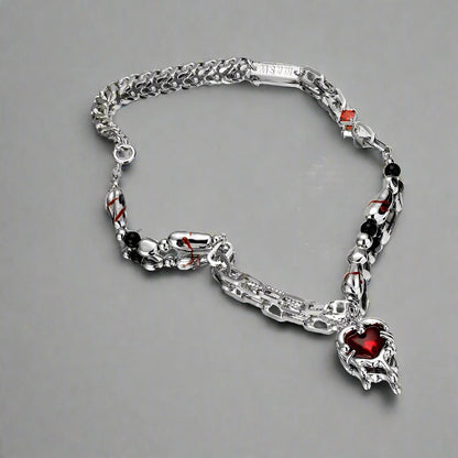 Women's Red Heart Dripping Gold Crystal Beaded Silver Chain Necklace - Lovez Aqua© - Default Title