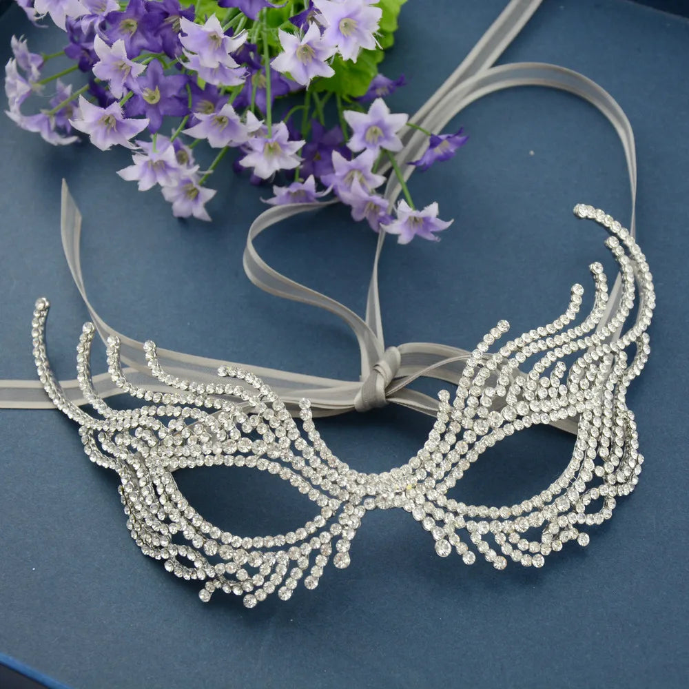 Women's Silver Rhinestone Delicate Filigree Venetian Masquerade Mask - Lovez Aqua© - 