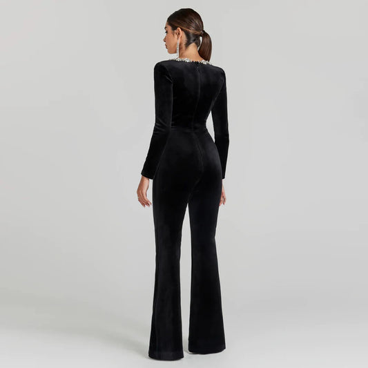 Women's Sparkling Rhinestone Square Neck Black Velvet Jumpsuit with Flared Legs - Lovez Aqua© - 