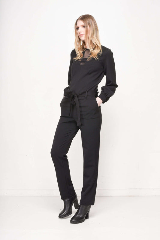 Women's Black Long-Sleeve Jumpsuit with Mesh Panels & Tie-Waist Detail - Lovez Aqua© - 