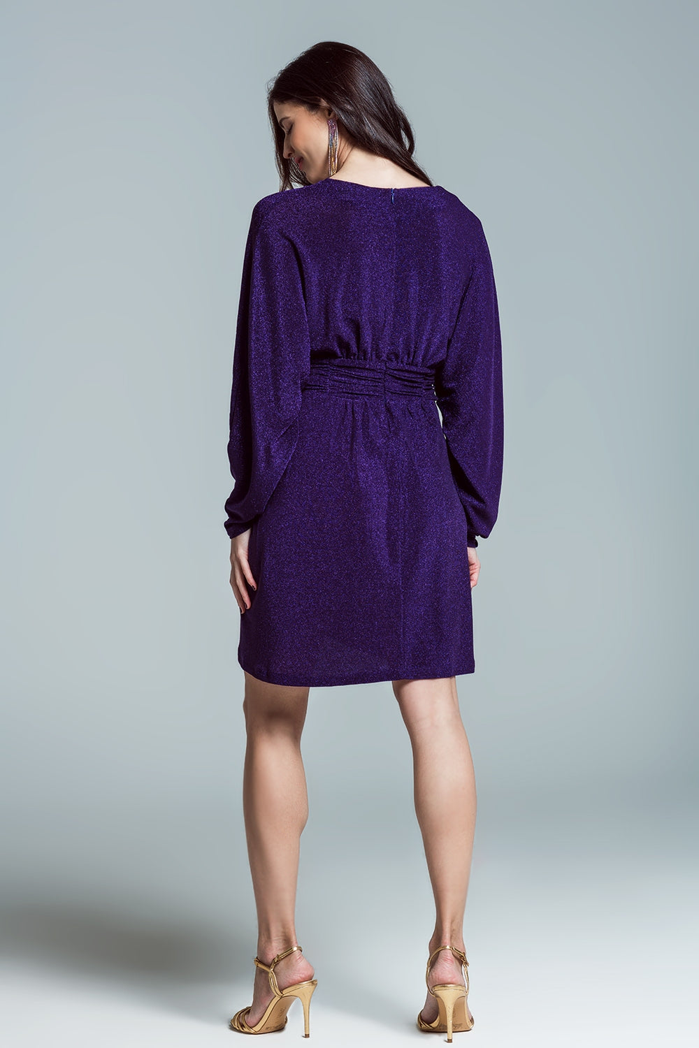 Women's Mini Length Deep Purple Glitter Party Dress with Low V-Neck - Lovez Aqua© - 