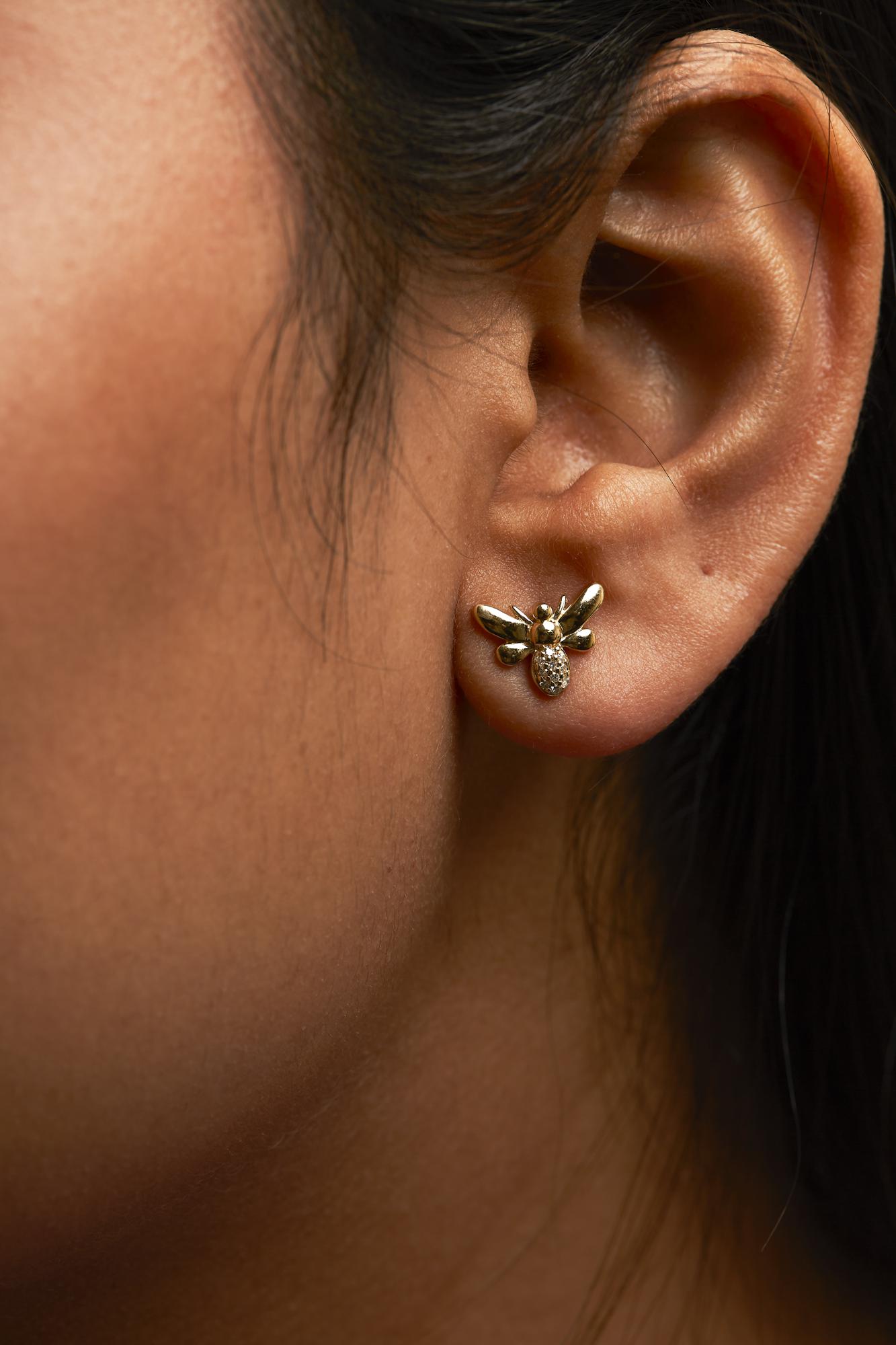 Women's 10K Yellow Gold Diamond Accented Bumblebee Stud Earrings - Lovez Aqua© - 