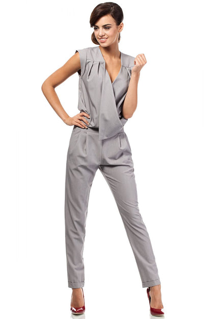 Women's Gray Sleeveless Jumpsuit with Ruffle Detail & Deep V-Neck - Lovez Aqua© - 