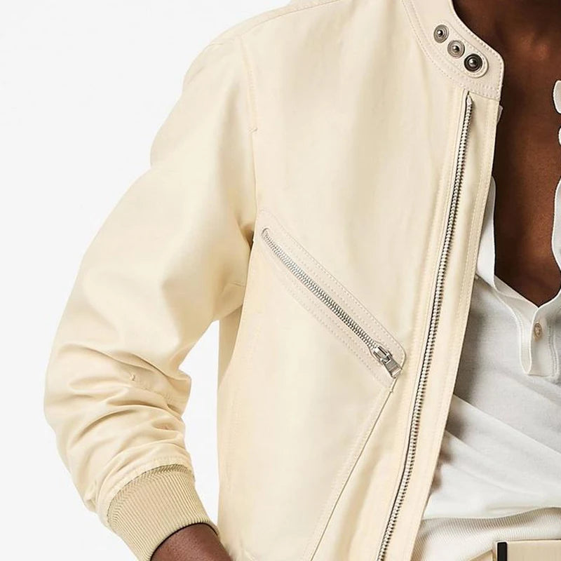 Men's Classic Stand-Up Collar Beige Genuine Leather Jacket with Ribbed Cuff - Lovez Aqua© - 