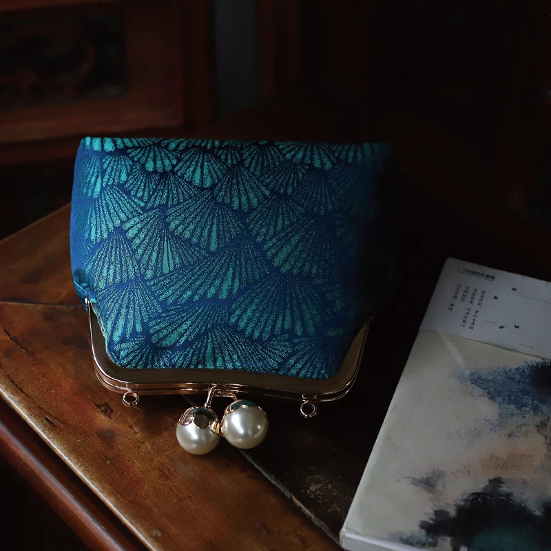 Vintage Blue Ocean Seashell Brocade Bridal Clutch Purse with Pearl Kiss Clasp - Lovez Aqua© - 