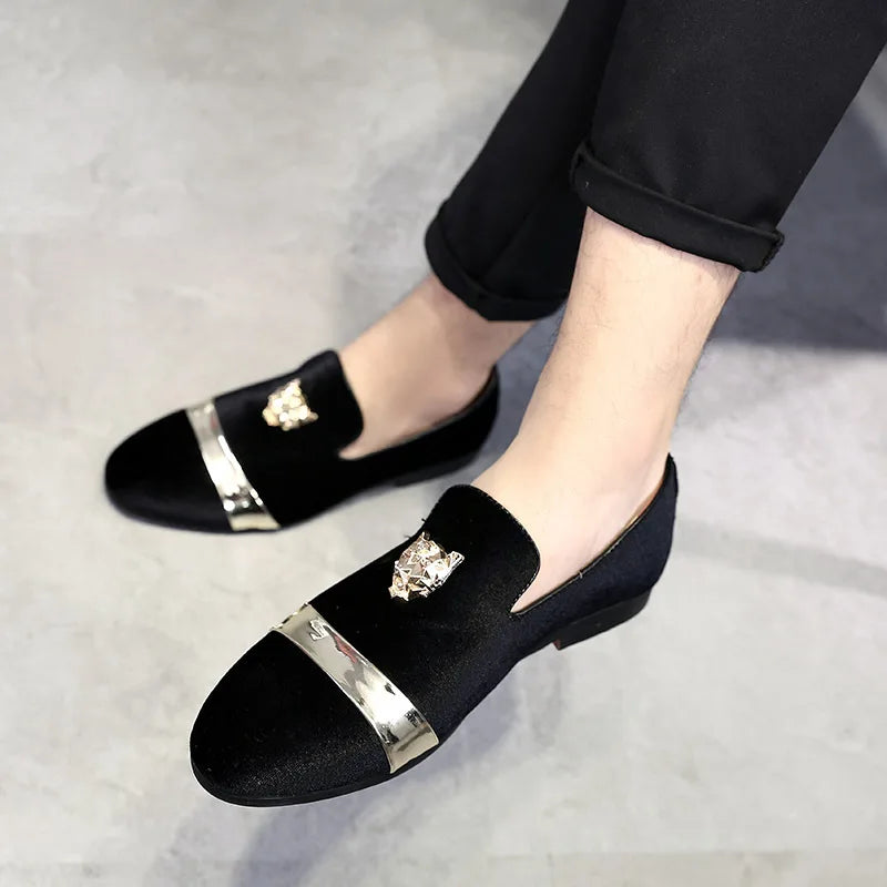 Men's Gold Trimmed Slip-On Loafer Dress Shoes with Gold Tiger Emblem - Lovez Aqua© - Black / 38