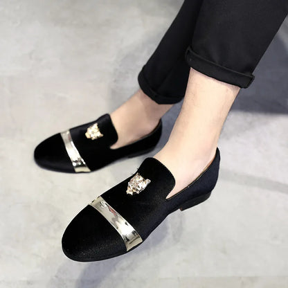 Men's Gold Trimmed Slip-On Loafer Dress Shoes with Gold Tiger Emblem - Lovez Aqua© - Black / 38
