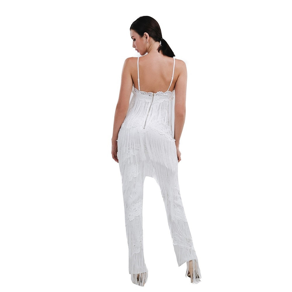 Women's White Tassel Loose Fit Flared Jumpsuit - Lovez Aqua© - 