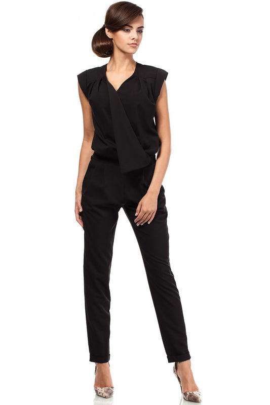 Women's Black Jumpsuit with Draped Neckline & Tapered Legs - Lovez Aqua© - 