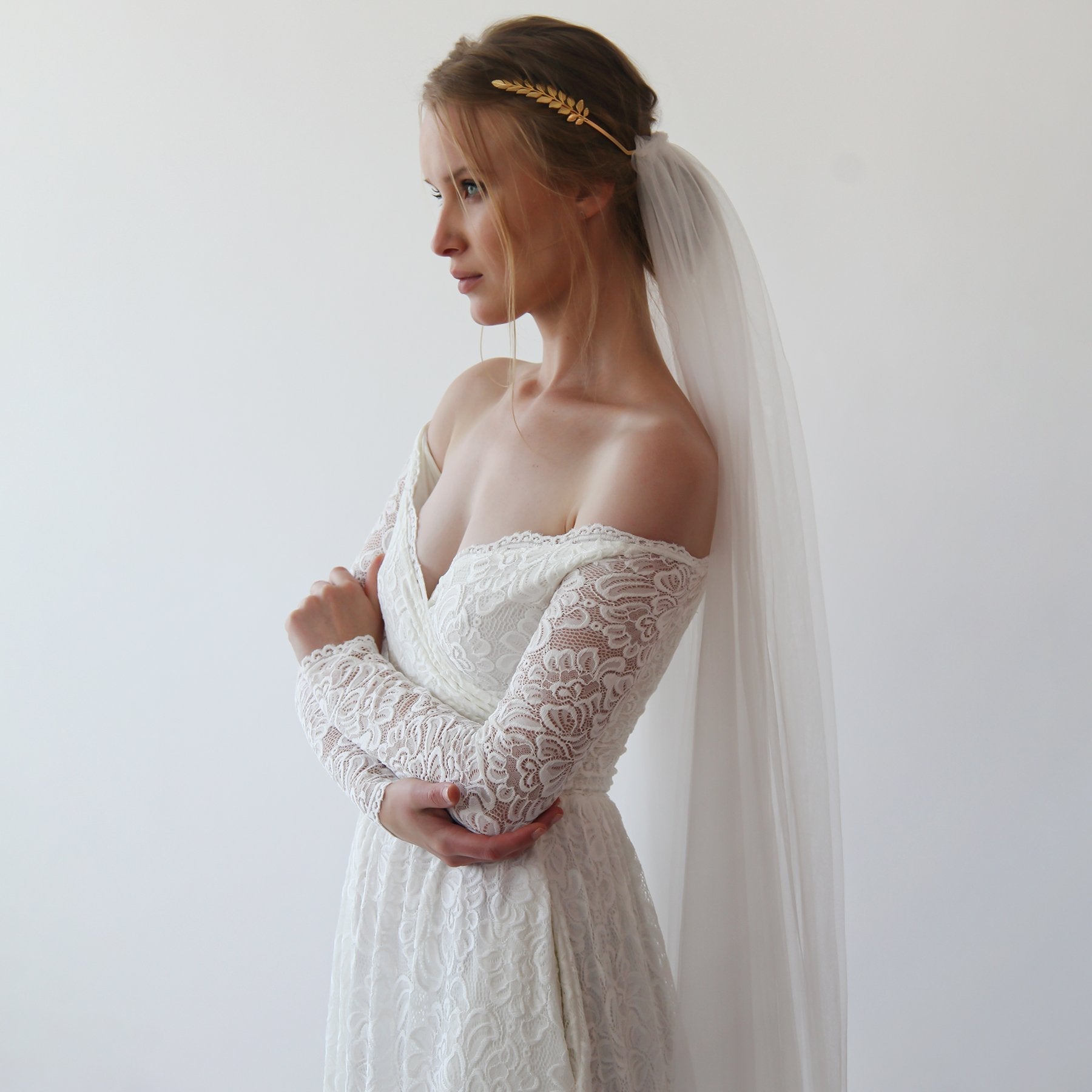 Women's Gold Greek Goddess Crown White Tulle Wedding Veil Headpiece - Lovez Aqua© - 
