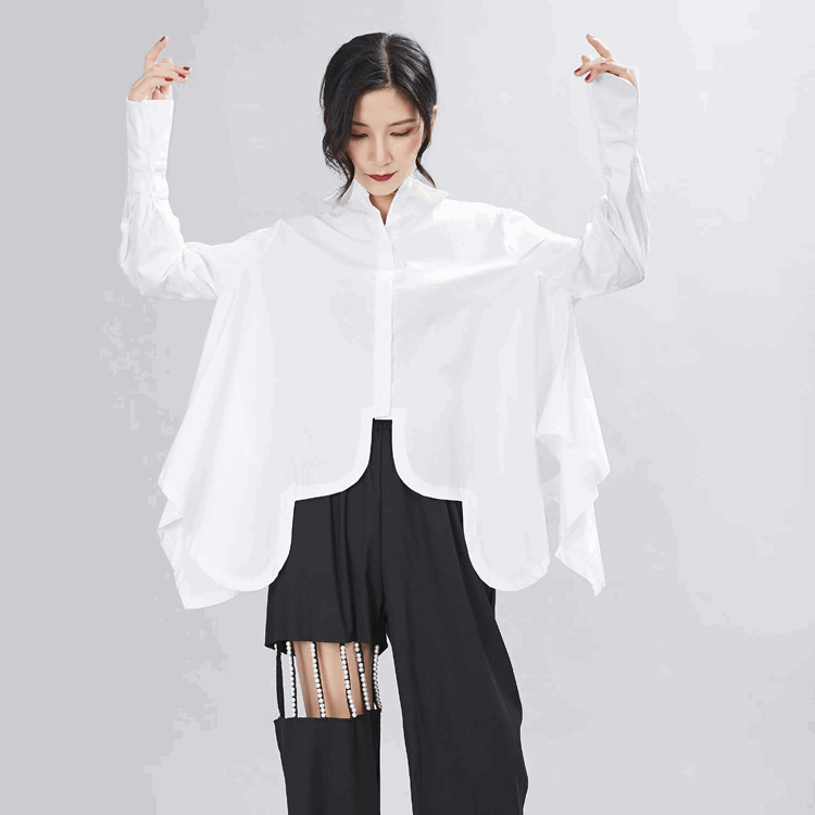 Women's Modern Layered Oversized Button-Down Shirt with Lapels & Irregular Hem - marigoldshadows - 