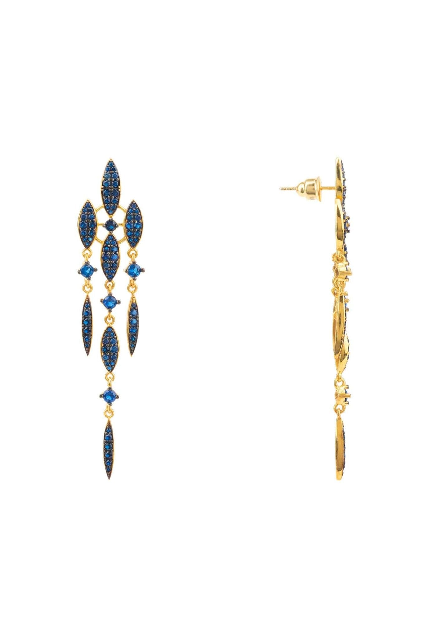 Women's Luxury Sapphire Blue Cubic Zirconia Gold Flat Back Drop Earrings - Lovez Aqua© - 