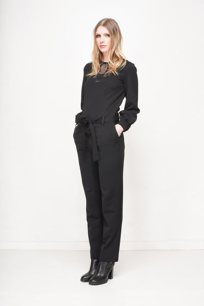 Women's Black Long-Sleeve Jumpsuit with Mesh Panels & Tie-Waist Detail - Lovez Aqua© - 