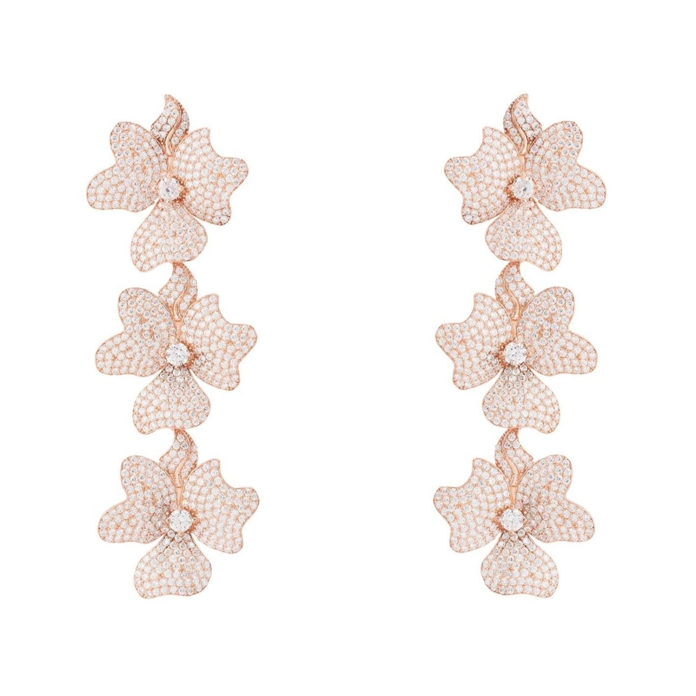 Luxury Rose Gold Triple Flower Cubic Zirconia & 925 Sterling Silver Women's Drop Earrings