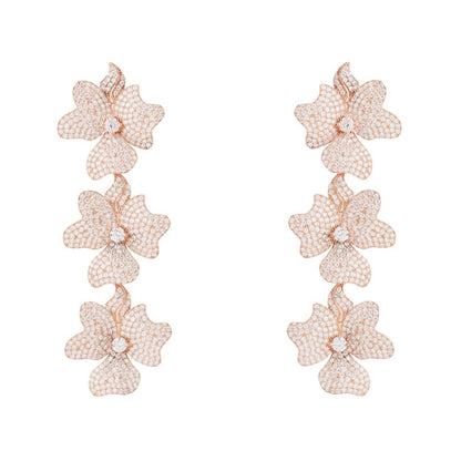 Luxury Rose Gold Triple Flower Cubic Zirconia & 925 Sterling Silver Women's Drop Earrings