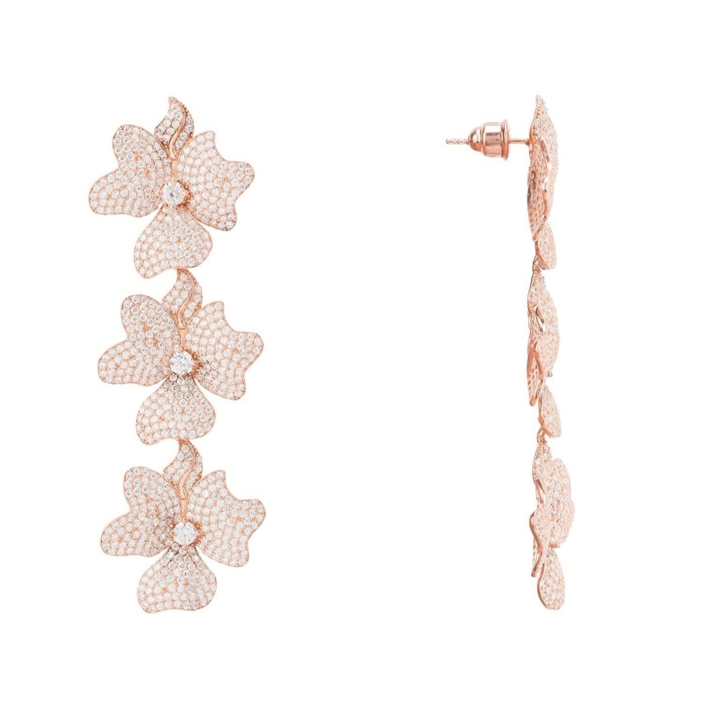 Luxury Rose Gold Triple Flower Cubic Zirconia & 925 Sterling Silver Women's Drop Earrings