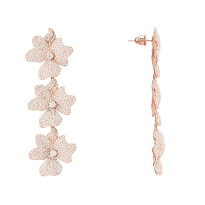 Luxury Rose Gold Triple Flower Cubic Zirconia & 925 Sterling Silver Women's Drop Earrings