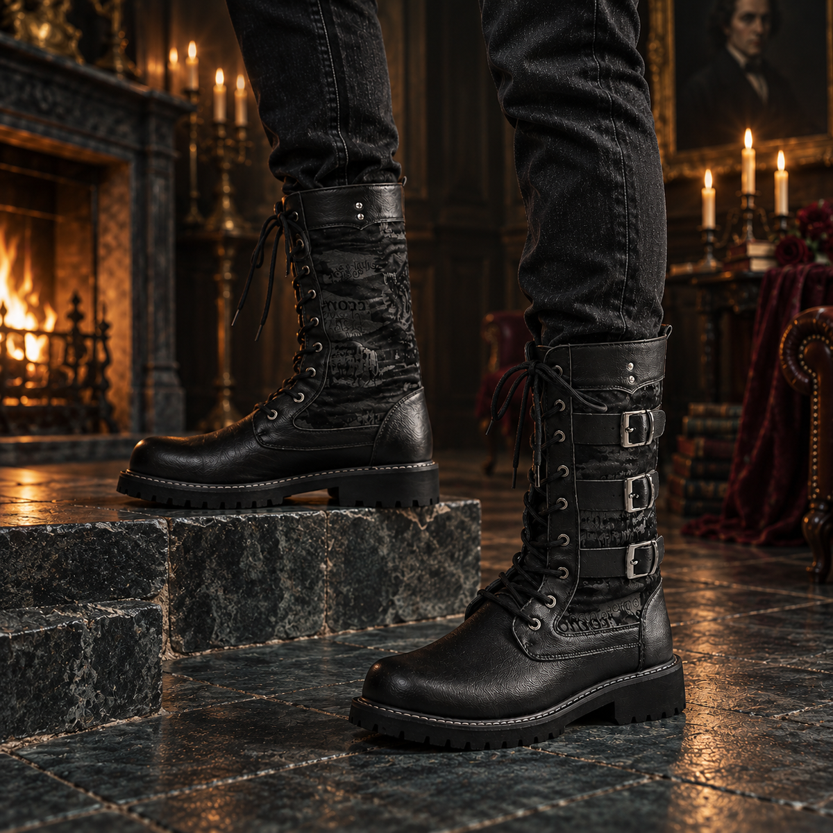 Men's Black Triple-Buckle Lace-Up Combat Boots | Mid-Calf Lug Sole Boots