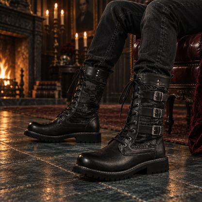 Men's Black Triple-Buckle Lace-Up Combat Boots | Mid-Calf Lug Sole Boots