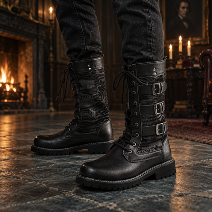 Men's Black Triple-Buckle Lace-Up Combat Boots | Mid-Calf Lug Sole Boots