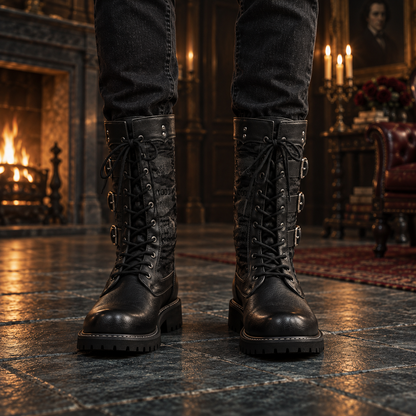 Men's Black Triple-Buckle Lace-Up Combat Boots | Mid-Calf Lug Sole Boots