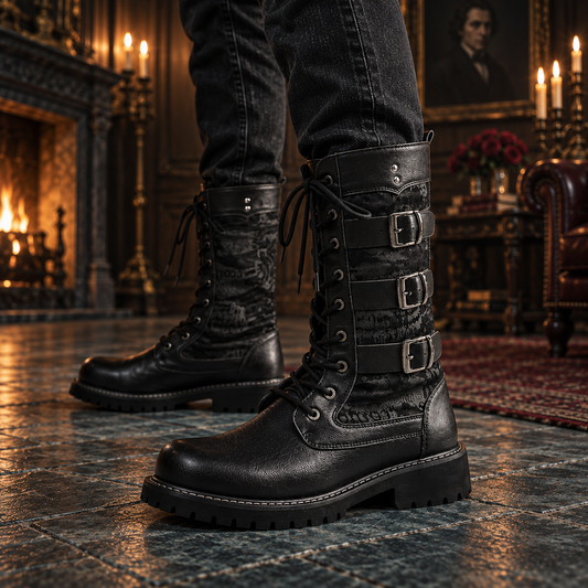 Men's Black Triple-Buckle Lace-Up Combat Boots | Mid-Calf Lug Sole Boots