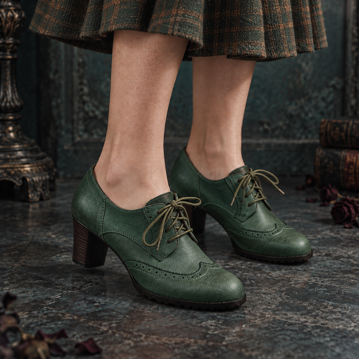 Women’s Vintage Retro Brogue Lace-Up Block Heel Shoes