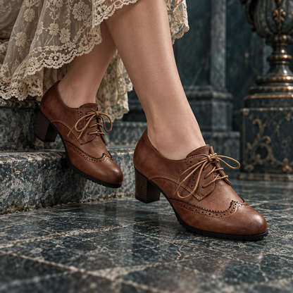 Women’s Vintage Retro Brogue Lace-Up Block Heel Shoes
