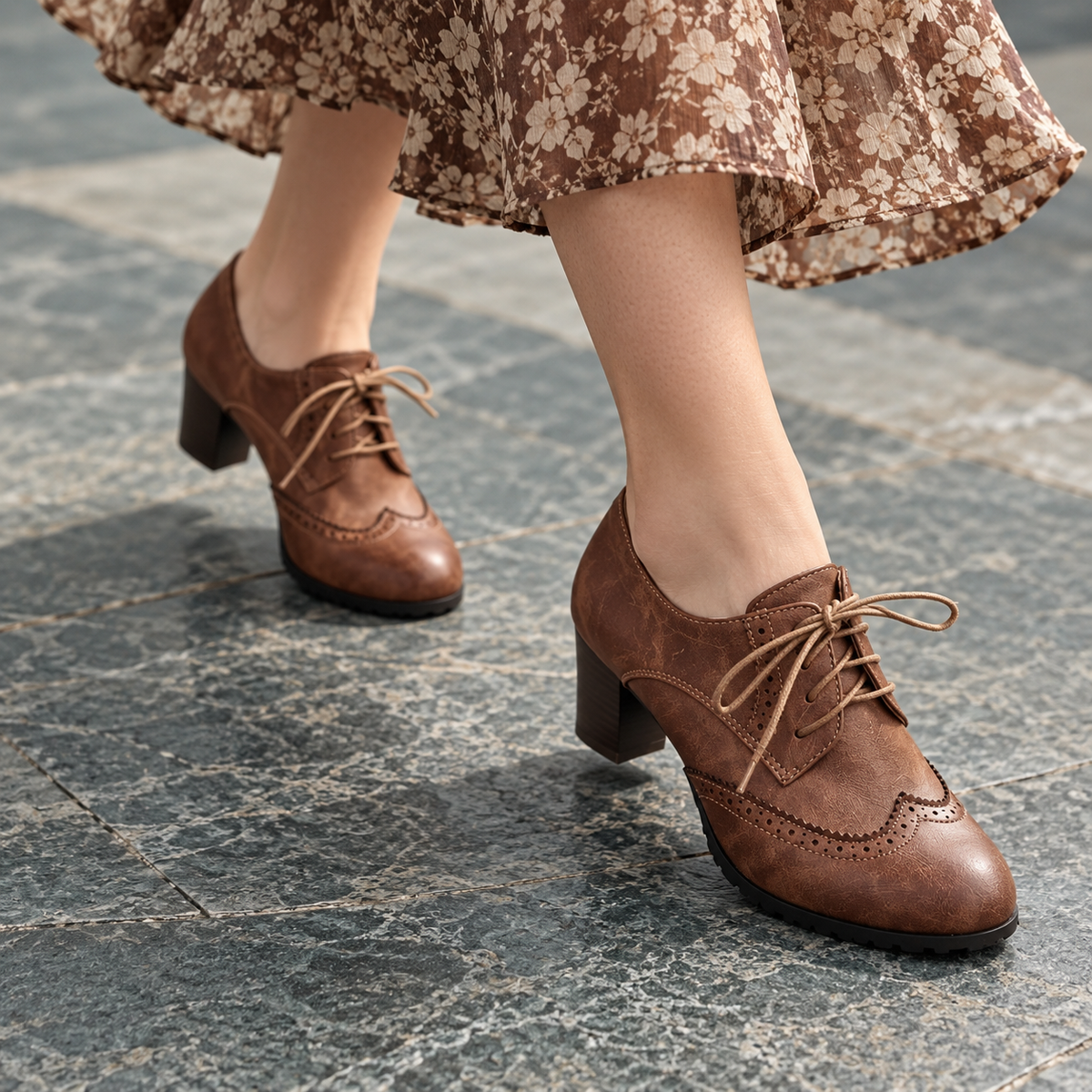 Women’s Vintage Retro Brogue Lace-Up Block Heel Shoes
