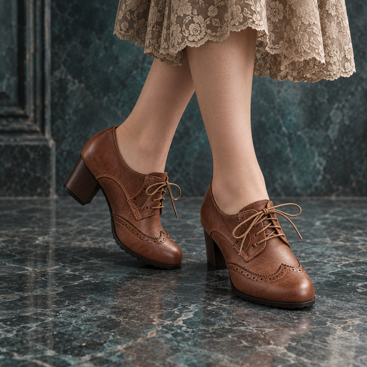 Women’s Vintage Retro Brogue Lace-Up Block Heel Shoes