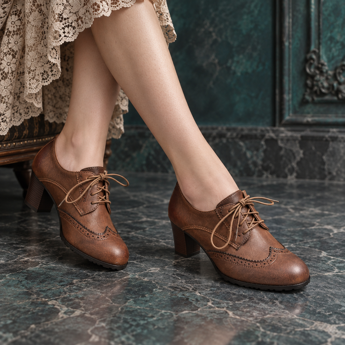 Women’s Vintage Retro Brogue Lace-Up Block Heel Shoes