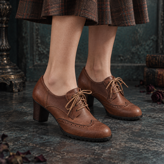 Women’s Vintage Retro Brogue Lace-Up Block Heel Shoes