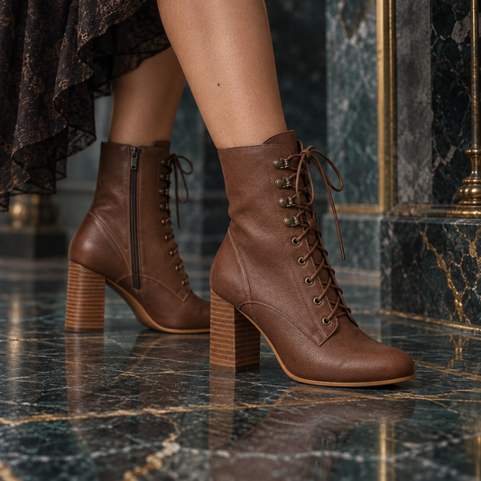 Women's Vintage Brown Lace-Up Riding Style Calf Boots with Block Heel