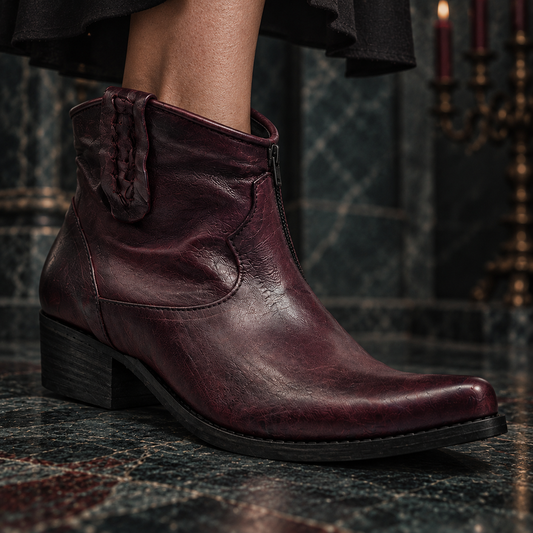 Women’s Genuine Leather Western Ankle Boots | Textured Block Heel