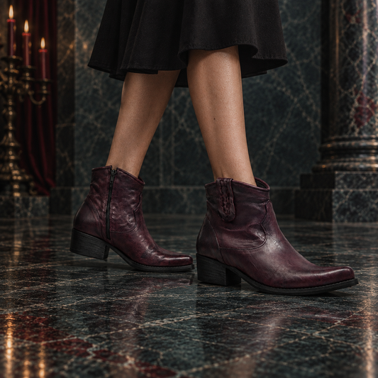 Women’s Genuine Leather Western Ankle Boots | Textured Block Heel