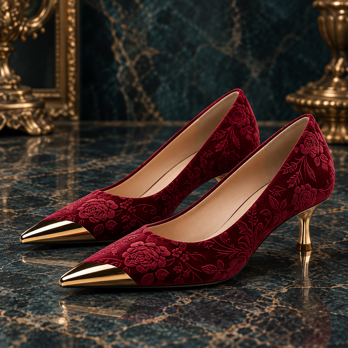 Luxury Women's Stiletto High Heels with Vintage Floral Embroidery & Metallic Pointed Toe