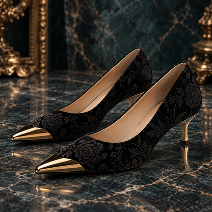 Luxury Women's Stiletto High Heels with Vintage Floral Embroidery & Metallic Pointed Toe