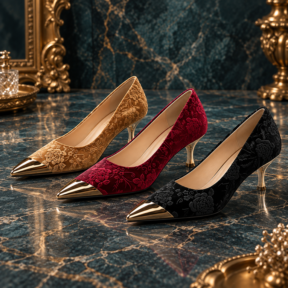 Luxury Women's Stiletto High Heels with Vintage Floral Embroidery & Metallic Pointed Toe