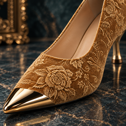 Luxury Women's Stiletto High Heels with Vintage Floral Embroidery & Metallic Pointed Toe