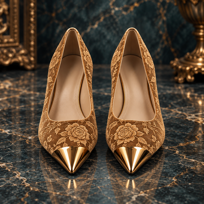Luxury Women's Stiletto High Heels with Vintage Floral Embroidery & Metallic Pointed Toe
