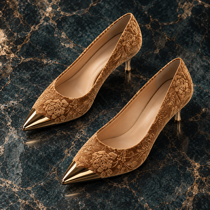 Luxury Women's Stiletto High Heels with Vintage Floral Embroidery & Metallic Pointed Toe