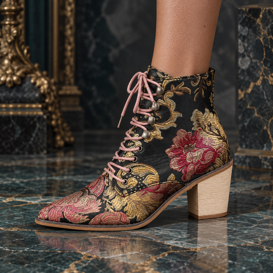 Women's Floral Embroidered Lace-Up Mid Block Ankle Boots