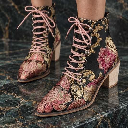 Women's Floral Embroidered Lace-Up Mid Block Ankle Boots