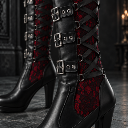 Women's Gothic Embroidered Knee-High Buckled Combat Platform Boots