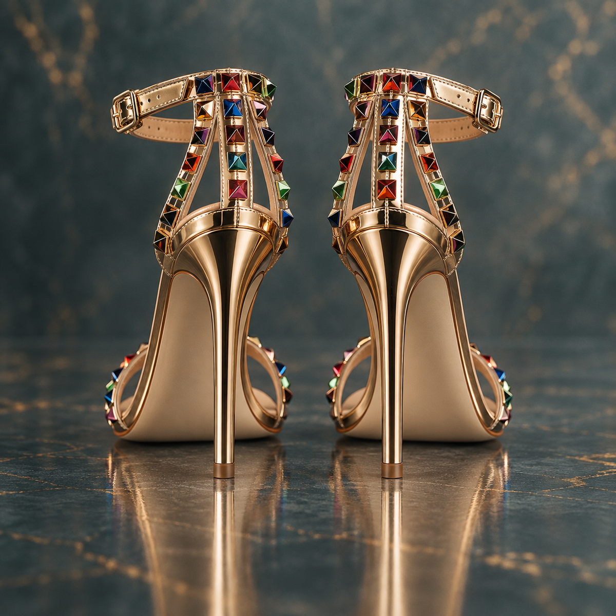 Women's Roman Style Hollow Cut Out Heeled Sandals with Colored Rivets