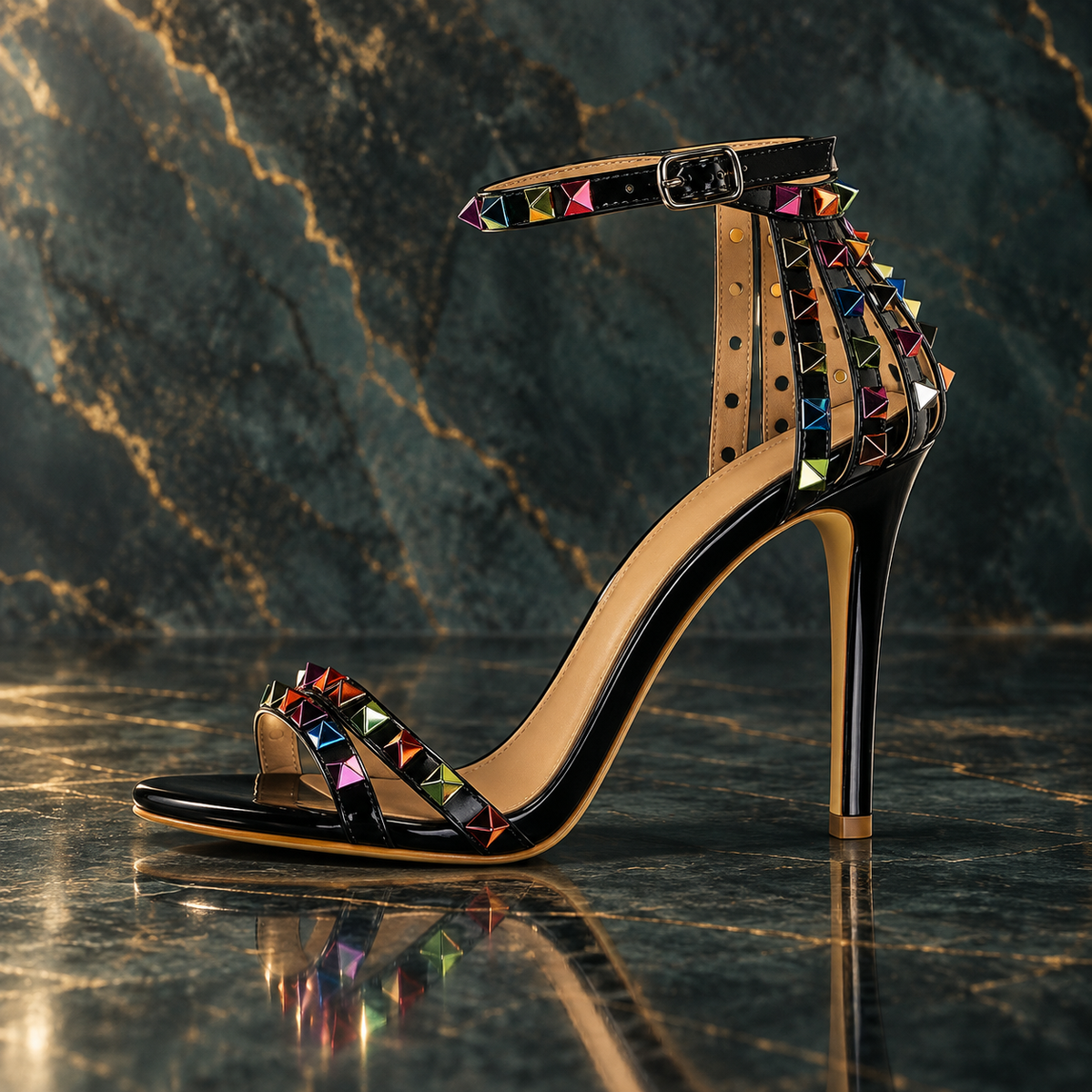 Women's Roman Style Hollow Cut Out Heeled Sandals with Colored Rivets