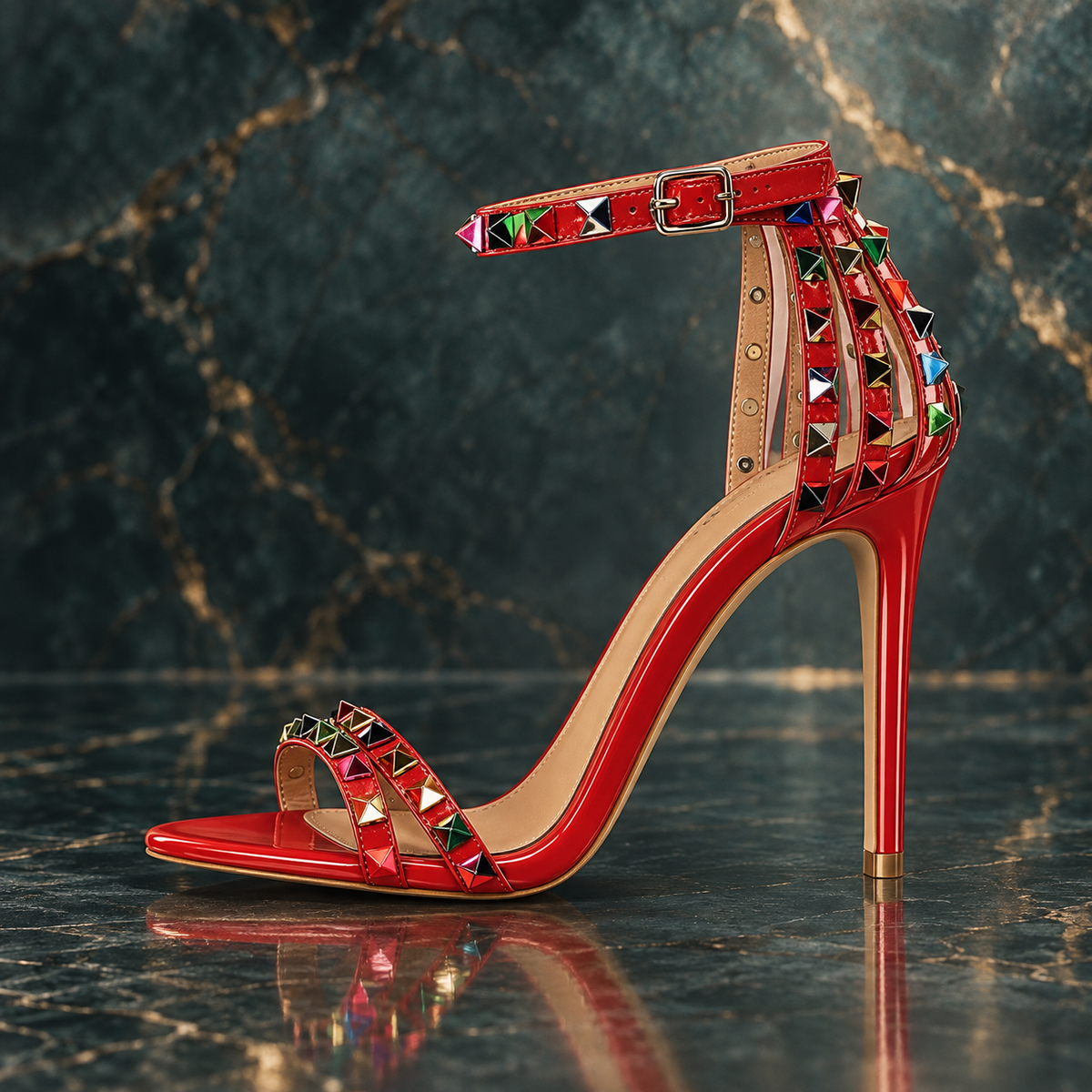 Women's Roman Style Hollow Cut Out Heeled Sandals with Colored Rivets