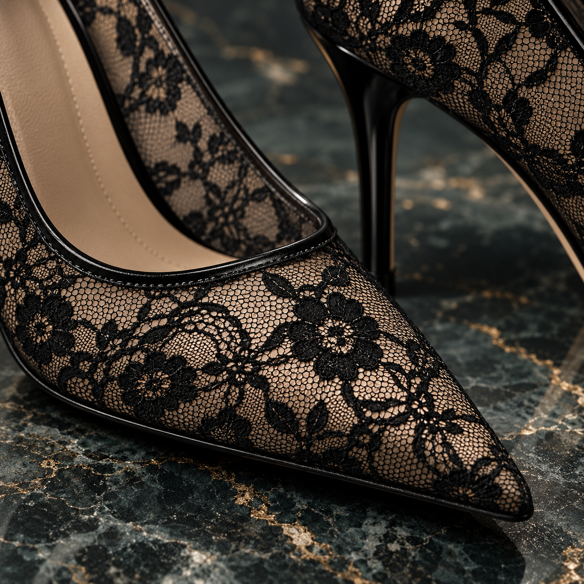 Women’s Floral Lace Mesh Pointed-Toe Stiletto Heels