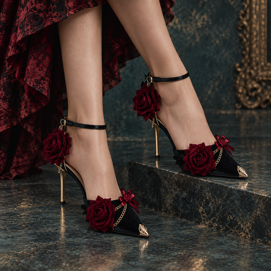 Gothic Red Rose & Gold Chain Women's Lolita Leather Heeled Pumps